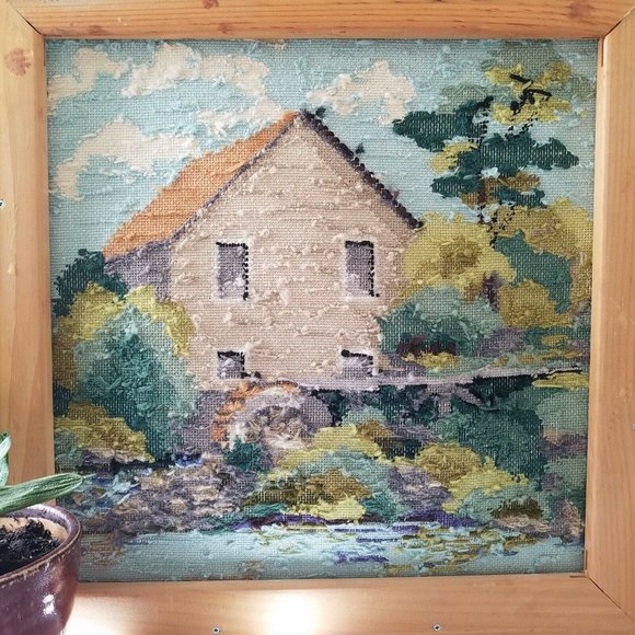 Vtg NEEDLEPOINT Tapestry- Cottage and Water Mill - Picture 9 of 10